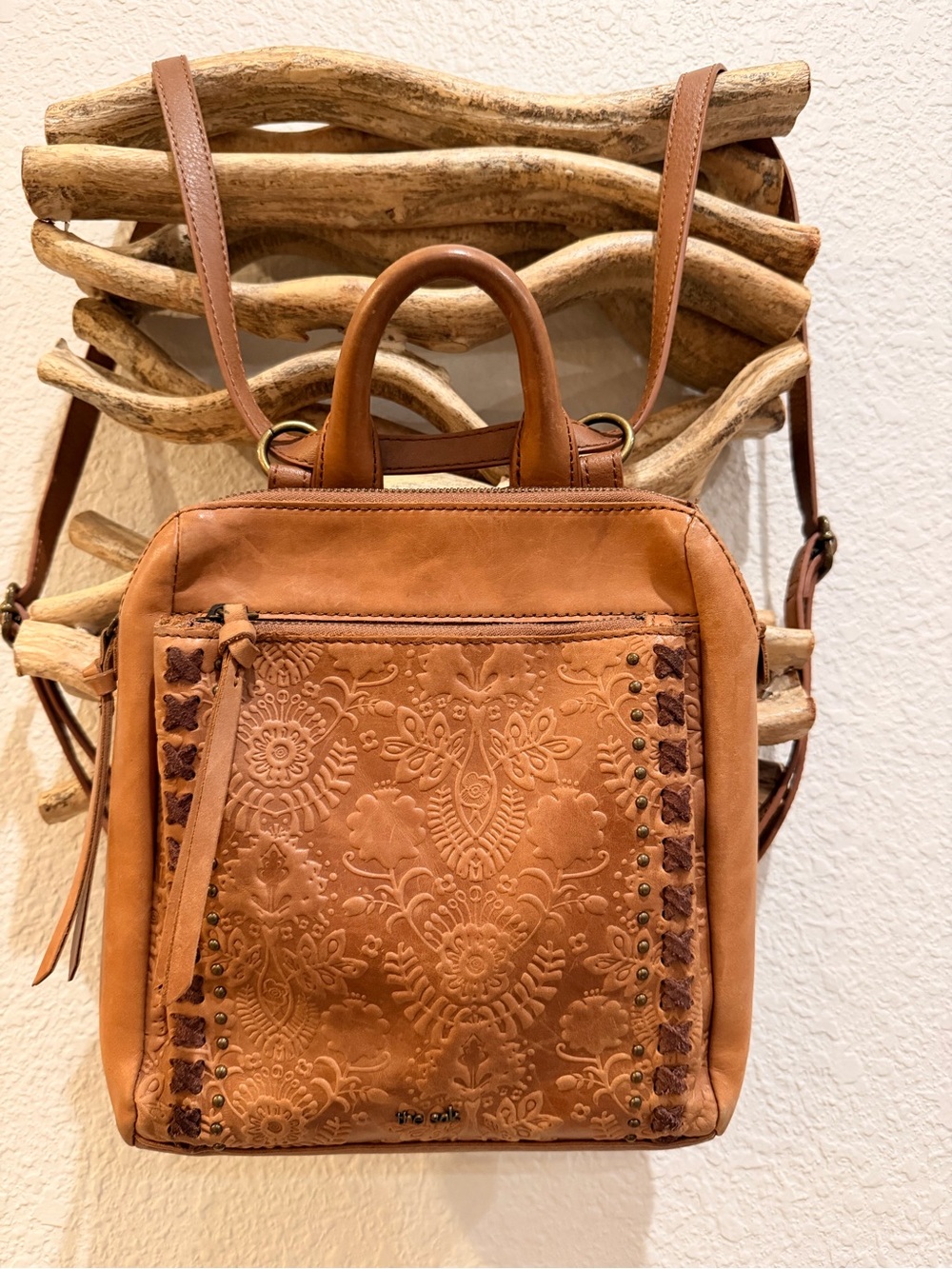 Leather tooled Tan Crossbody Backpack purse western boho cowgirl THE SAK